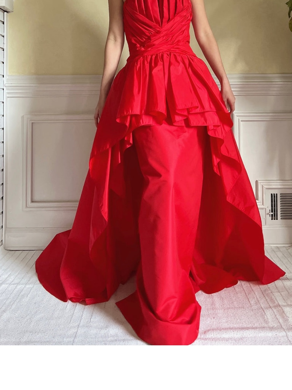 Victor Costa Vibrant Red Pleated Bust Taffeta Gown